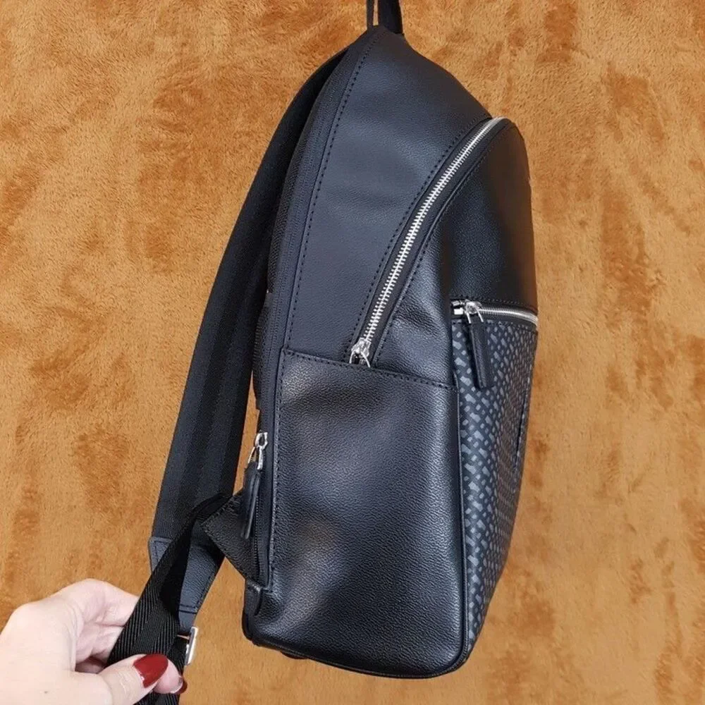 HUGO BOSS Mens Backpack Black Regenerated Leather Monogram Front Pocket ZAIR